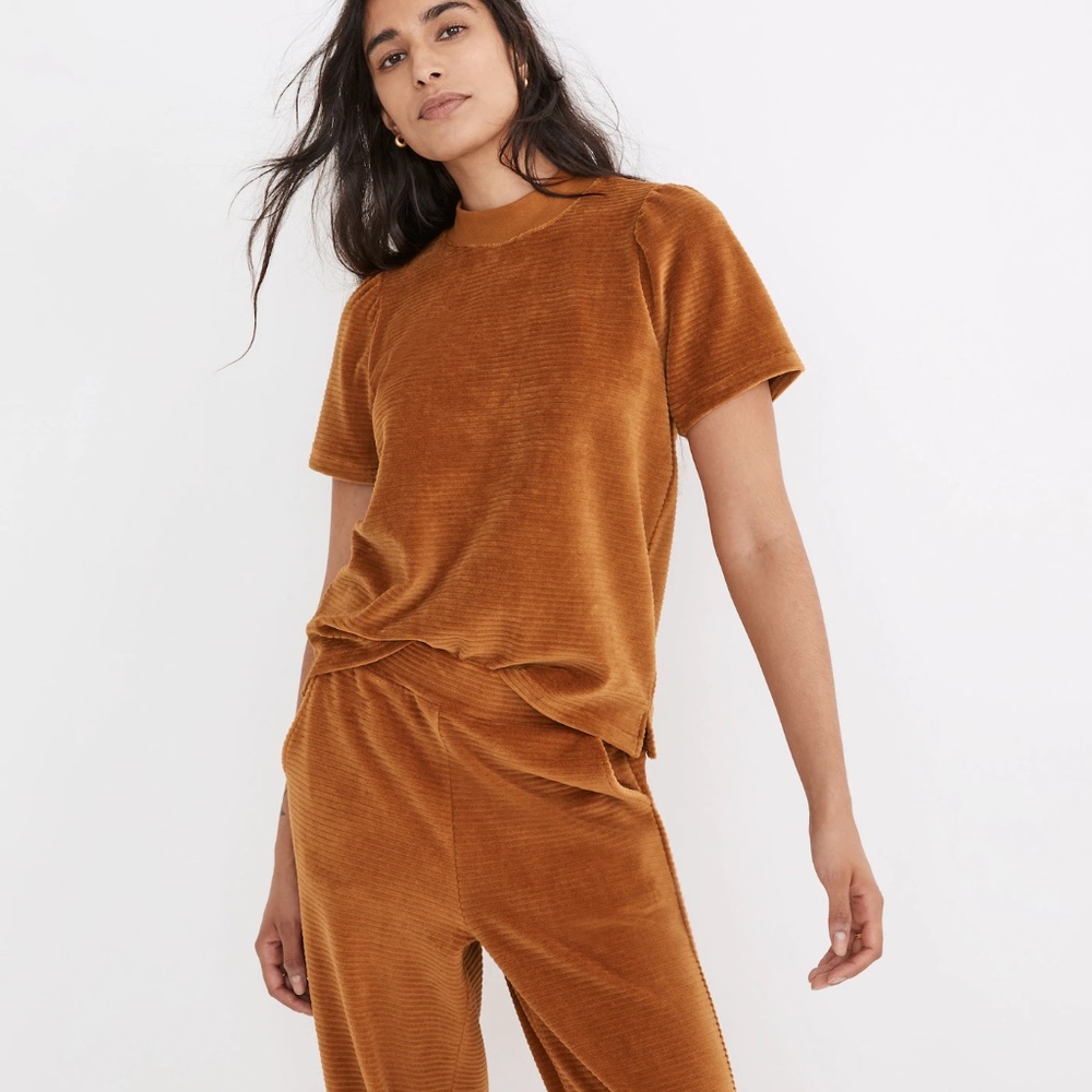 NWT Madewell Velour Corduroy Mockneck Short Sleeve Top in Acorn - S